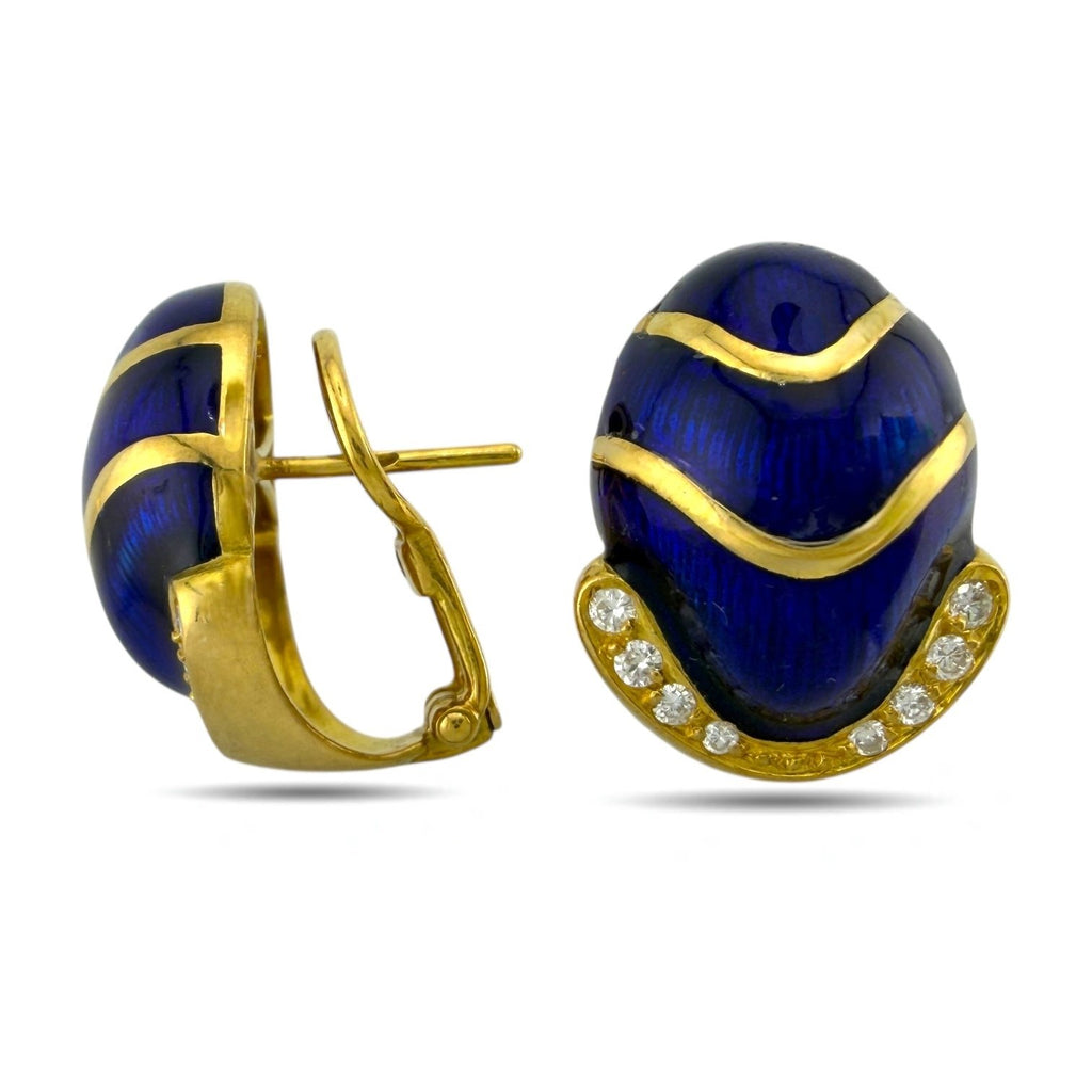 14K Yellow Gold Blue Enamel and 0.24ct Diamond Earrings