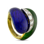 18K Yellow Gold 0.27ct Diamond, Blue, and Green Enamel Centerline Ring