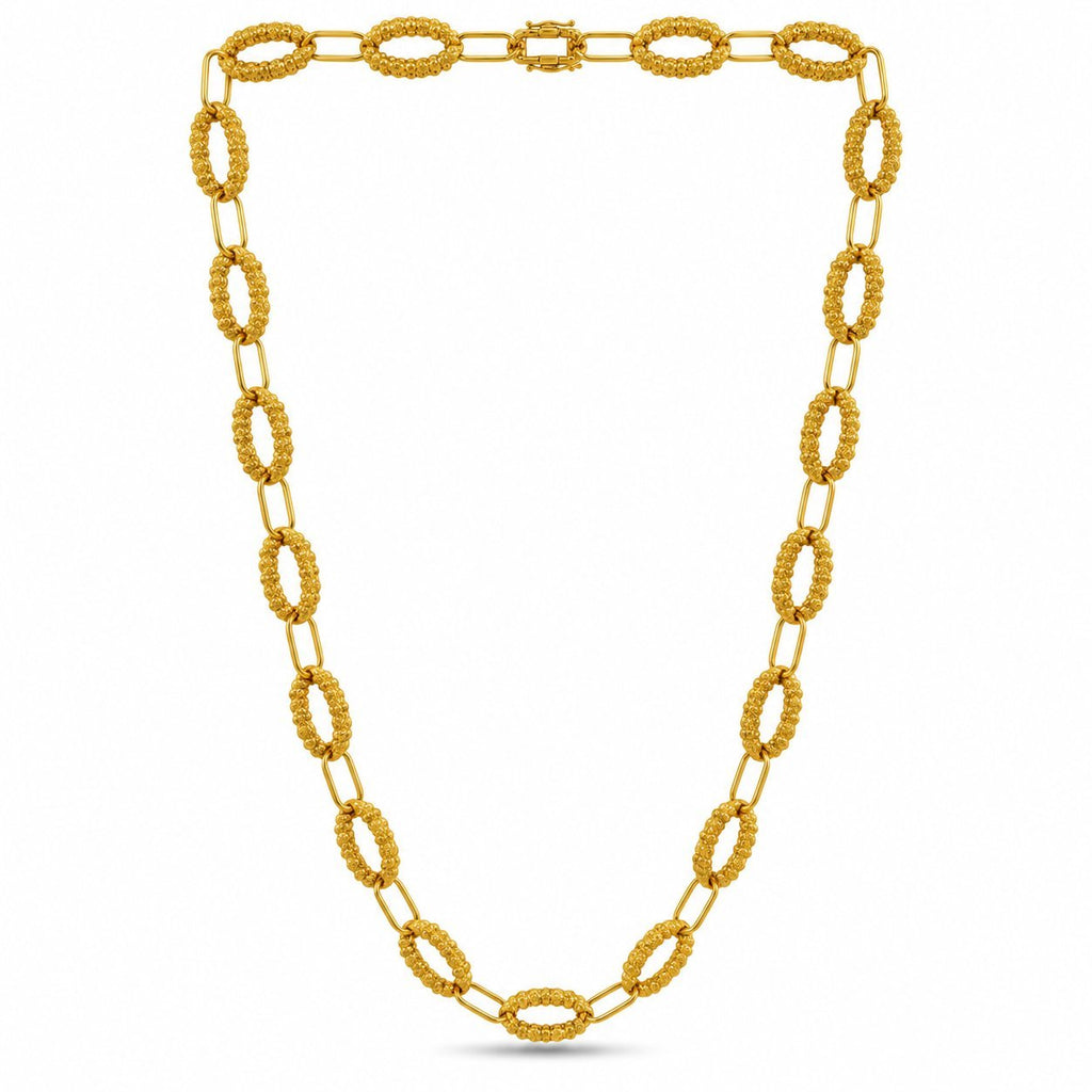Gold textured oval-link long necklace with oval clasp detail