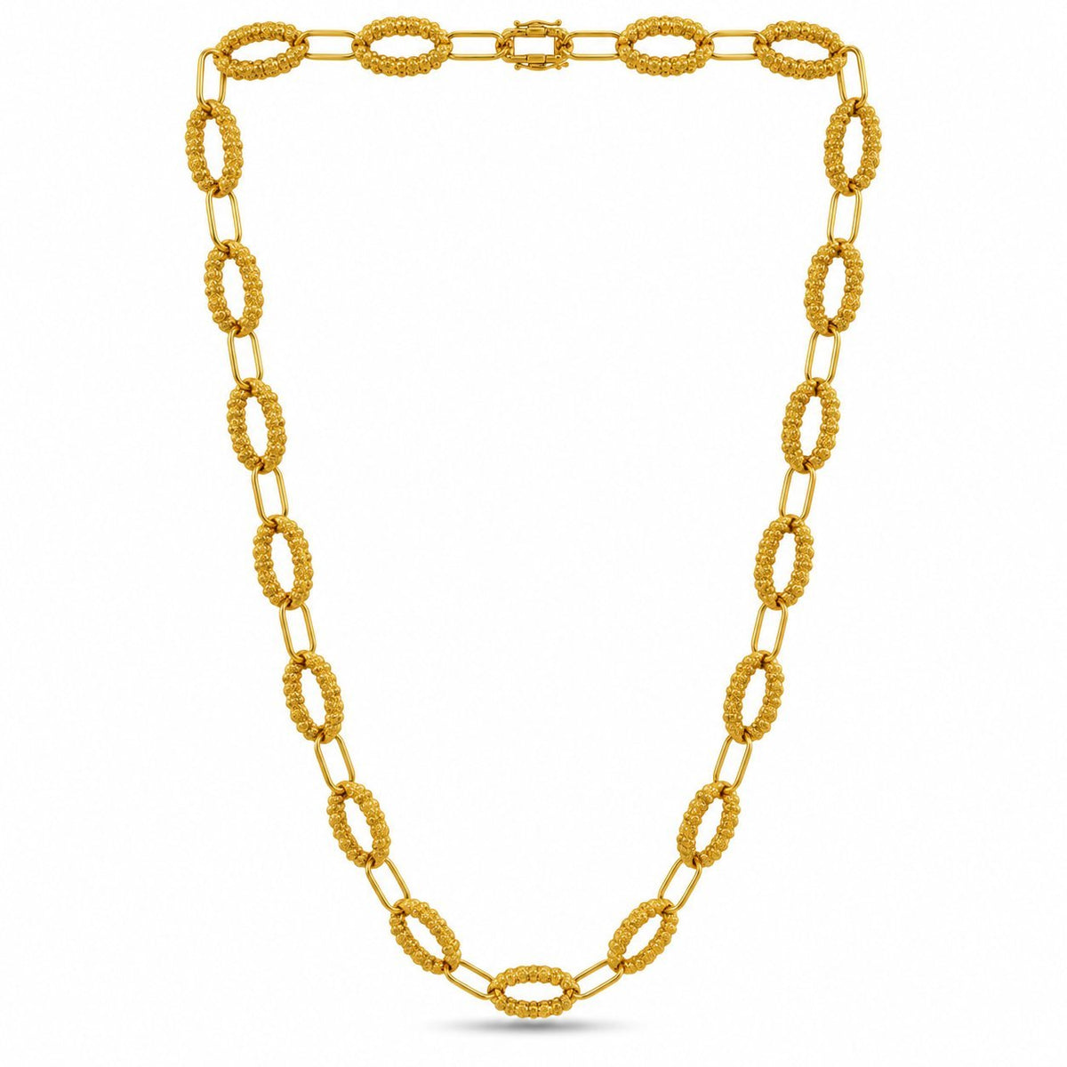 Gold textured oval-link long necklace with oval clasp detail