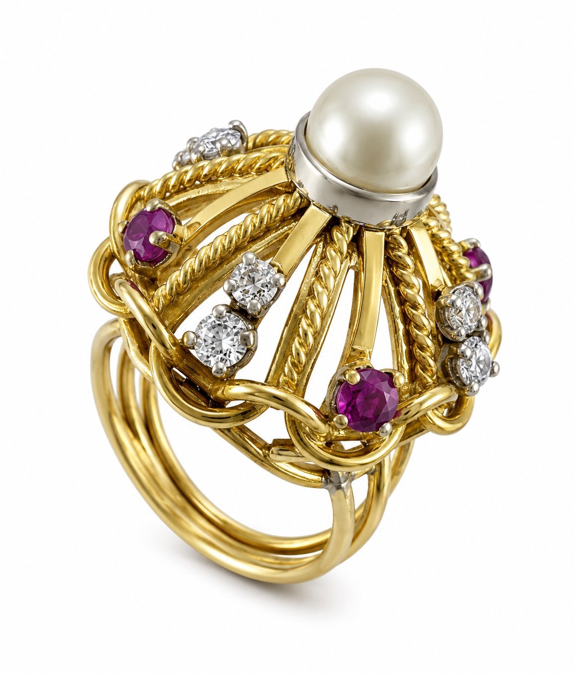 14K Yellow Gold Pearl, Ruby and Diamond Statement Dome Ring