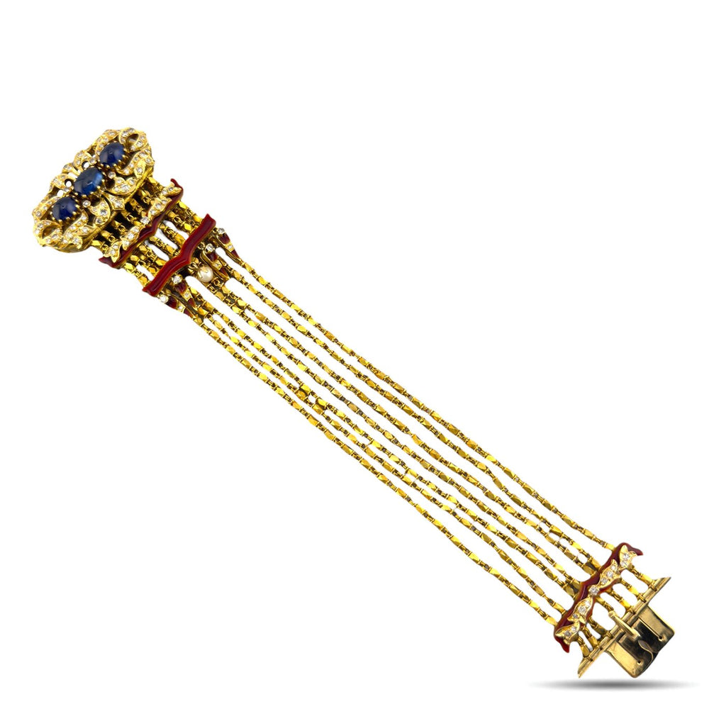 Antique 18K Yellow Gold Red Enamel 4.00ct Sapphire and 2.50ct Diamond Bracelet