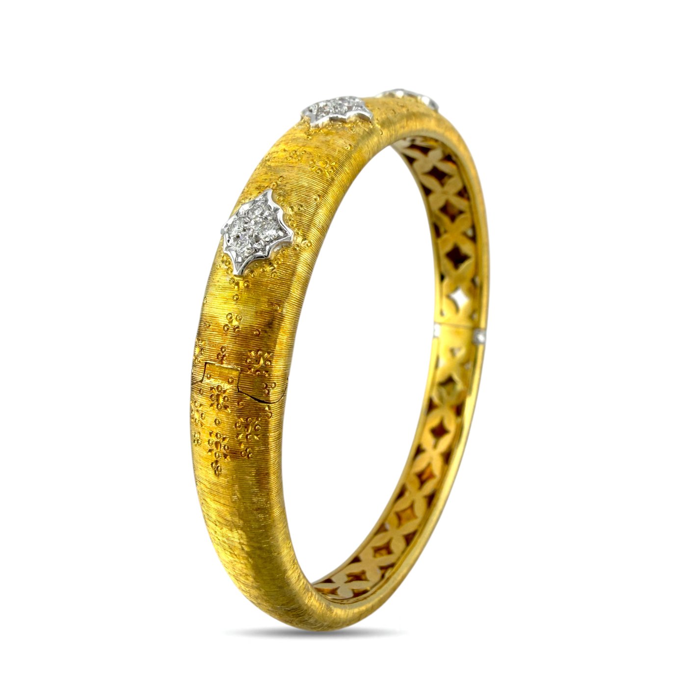 Italian 18K Yellow Gold Brushed 0.60ct Diamond Hinged Bracelet