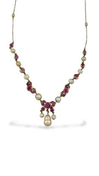 14K Gold Necklace with Natural Rubies and Pearls