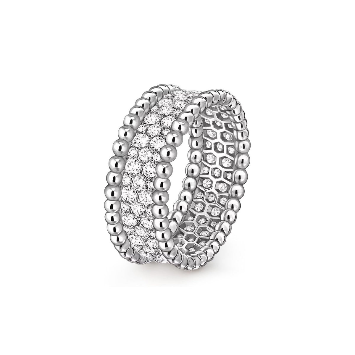 Van Cleef & Arpels Perlee three-row diamond band ring in 18K white gold, angled view