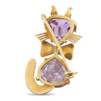 Gold cat brooch with amethyst stones and turquoise bezel detailing