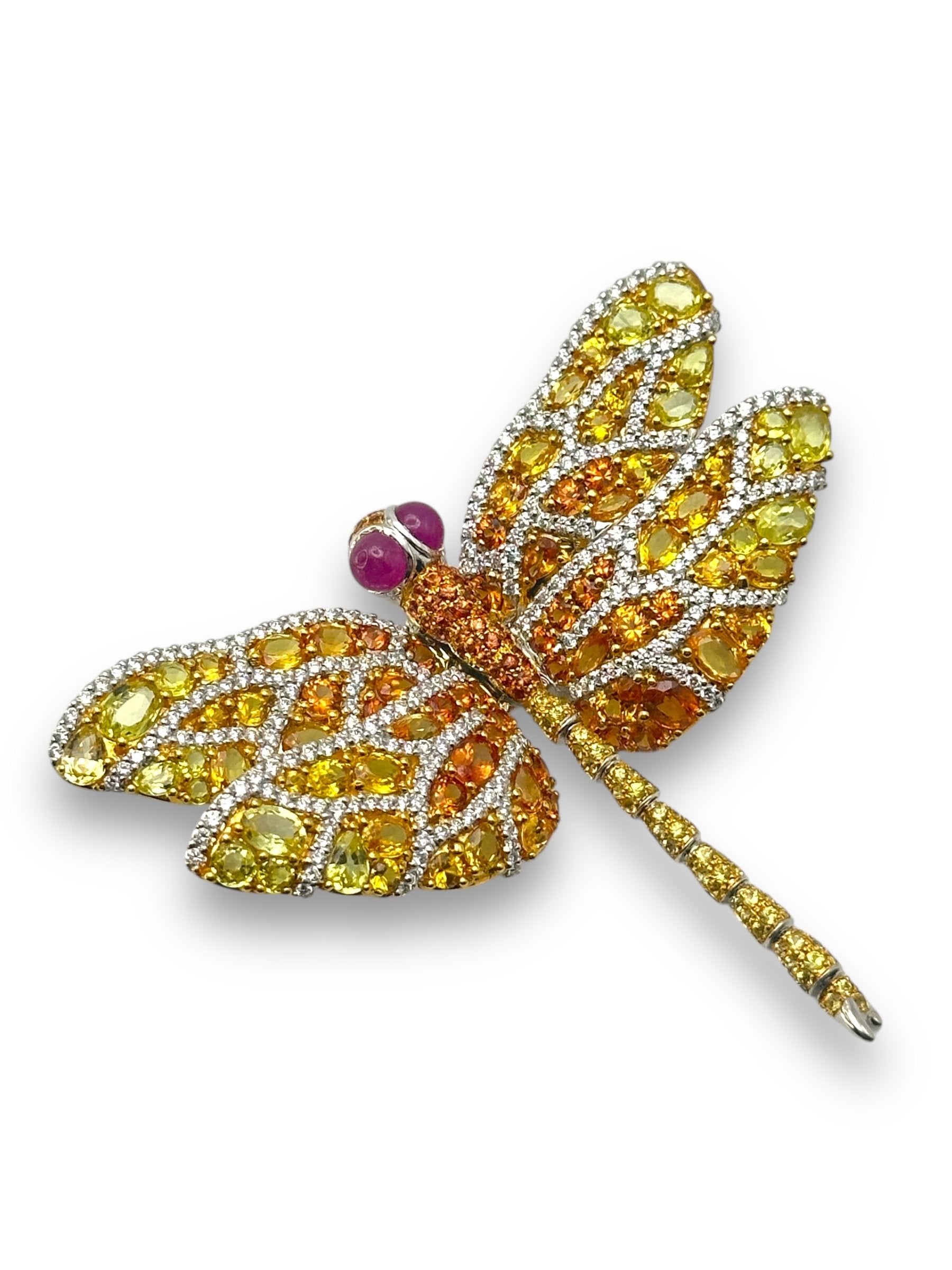 Brooch - 18 kt. Yellow gold, Beautiful Vintage 18K Gold Dragonfly Brooch Embezzled with Large Orange Sapphires and Diamonds Diamond (Natural)  - Sapphire