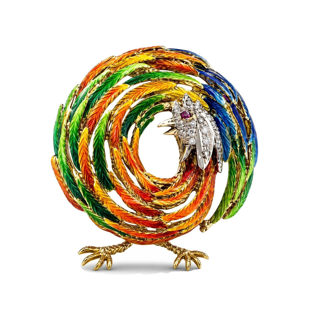 18K Yellow Gold Enamel Ruby and 0.11ct Diamond Rooster Brooch
