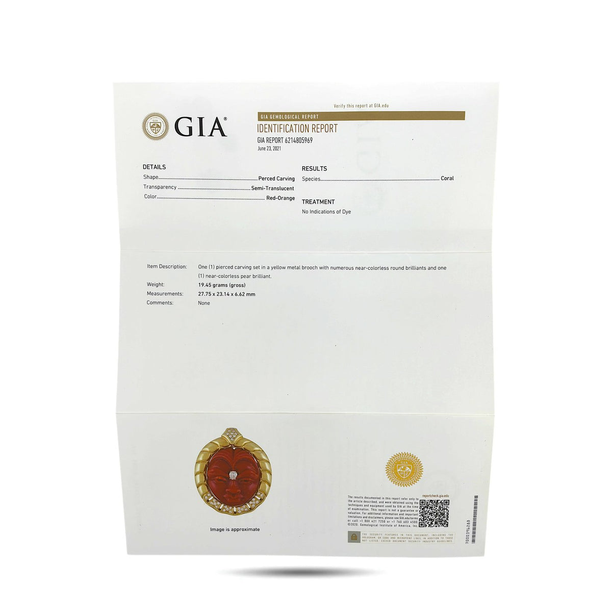 GIA report for a carved red-orange coral face pendant necklace