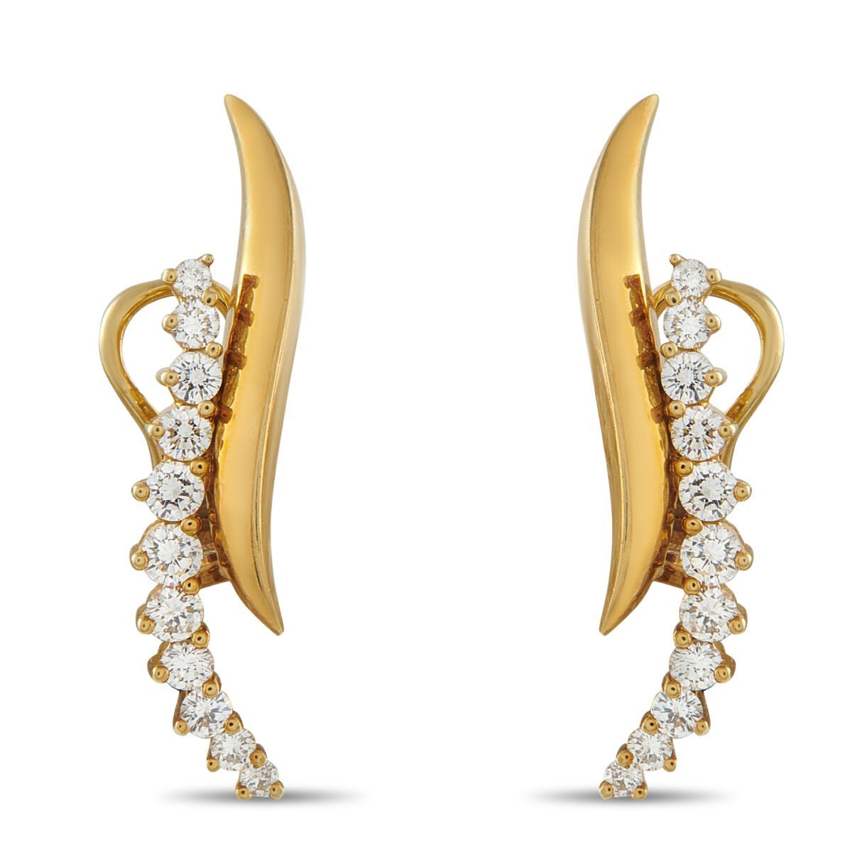 Yellow gold clip-on earrings with cascading round diamonds and leaf-shaped front panels.