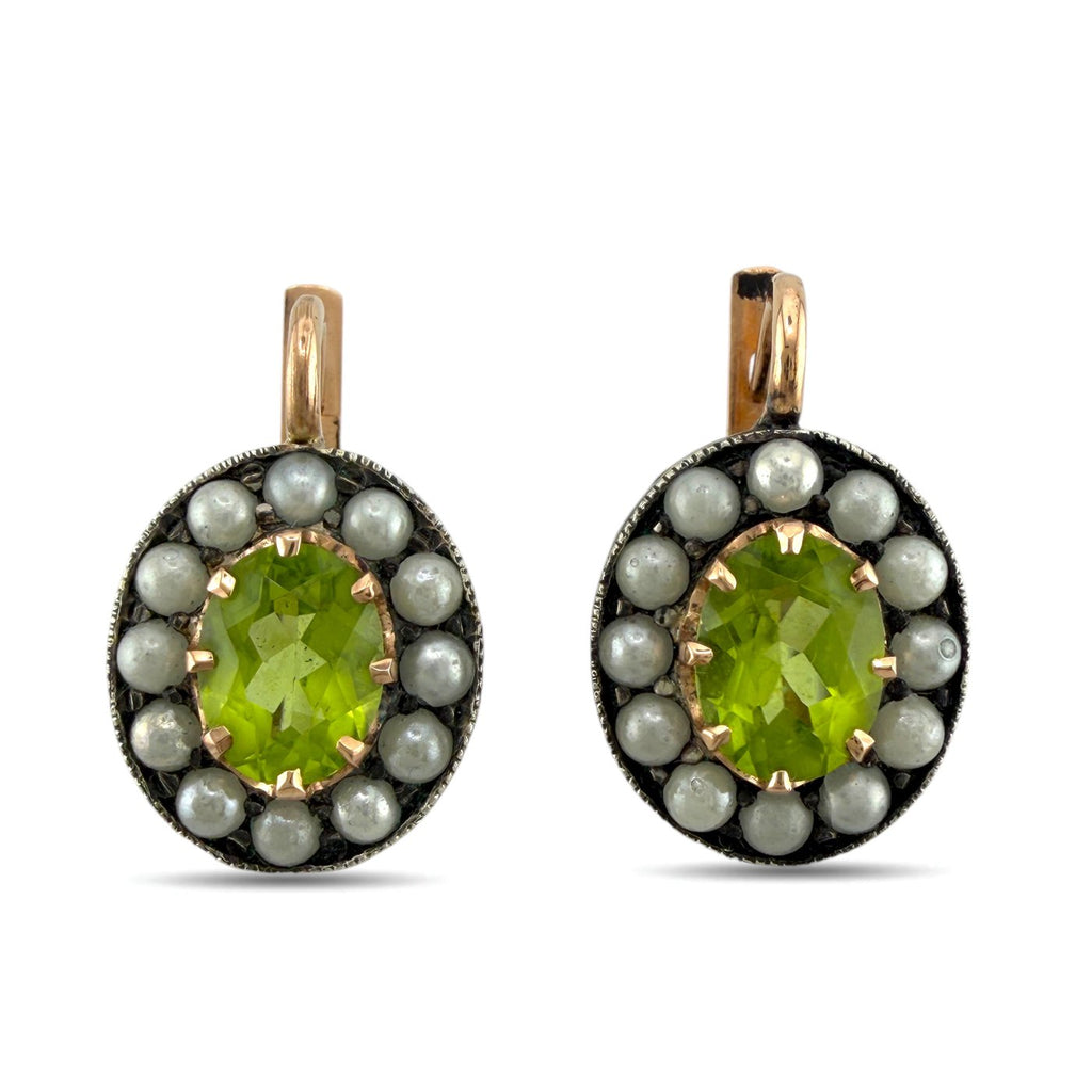 K. Faberge Imperial Russian 14K (56K) Rose Gold 2.40ct Peridot and Pearl Earrings