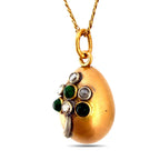 Imperial Russian Faberge 56 Rose Gold 0.16ct Diamond and Emerald Egg Pendant