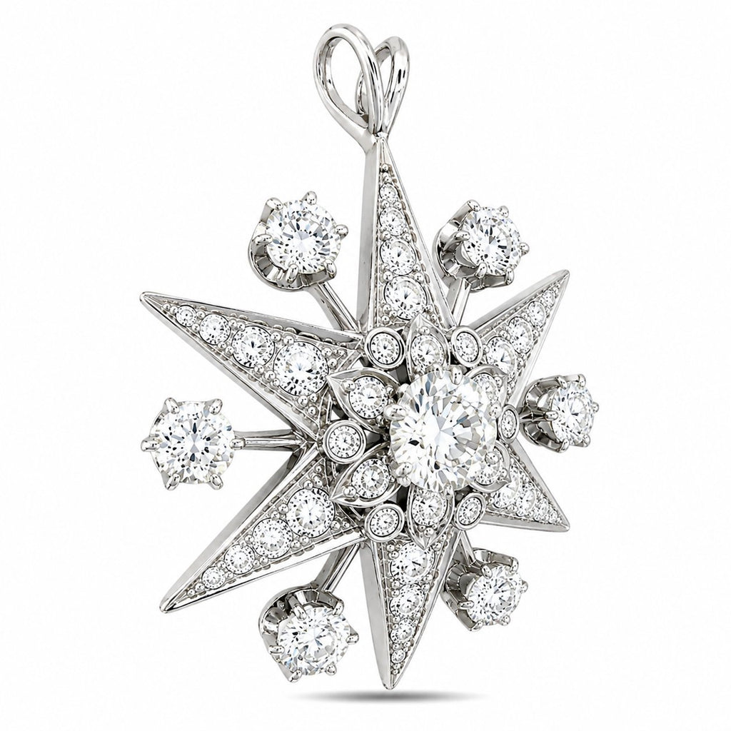 18K white gold diamond star pendant with round and star-shaped accents