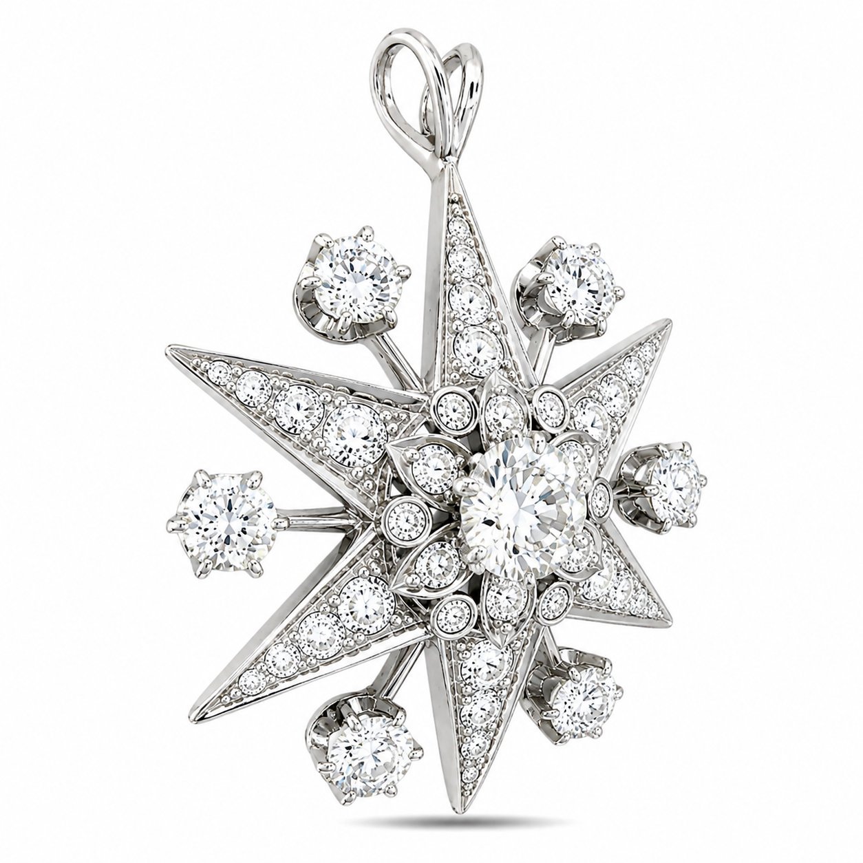 18K white gold diamond star pendant with round and star-shaped accents