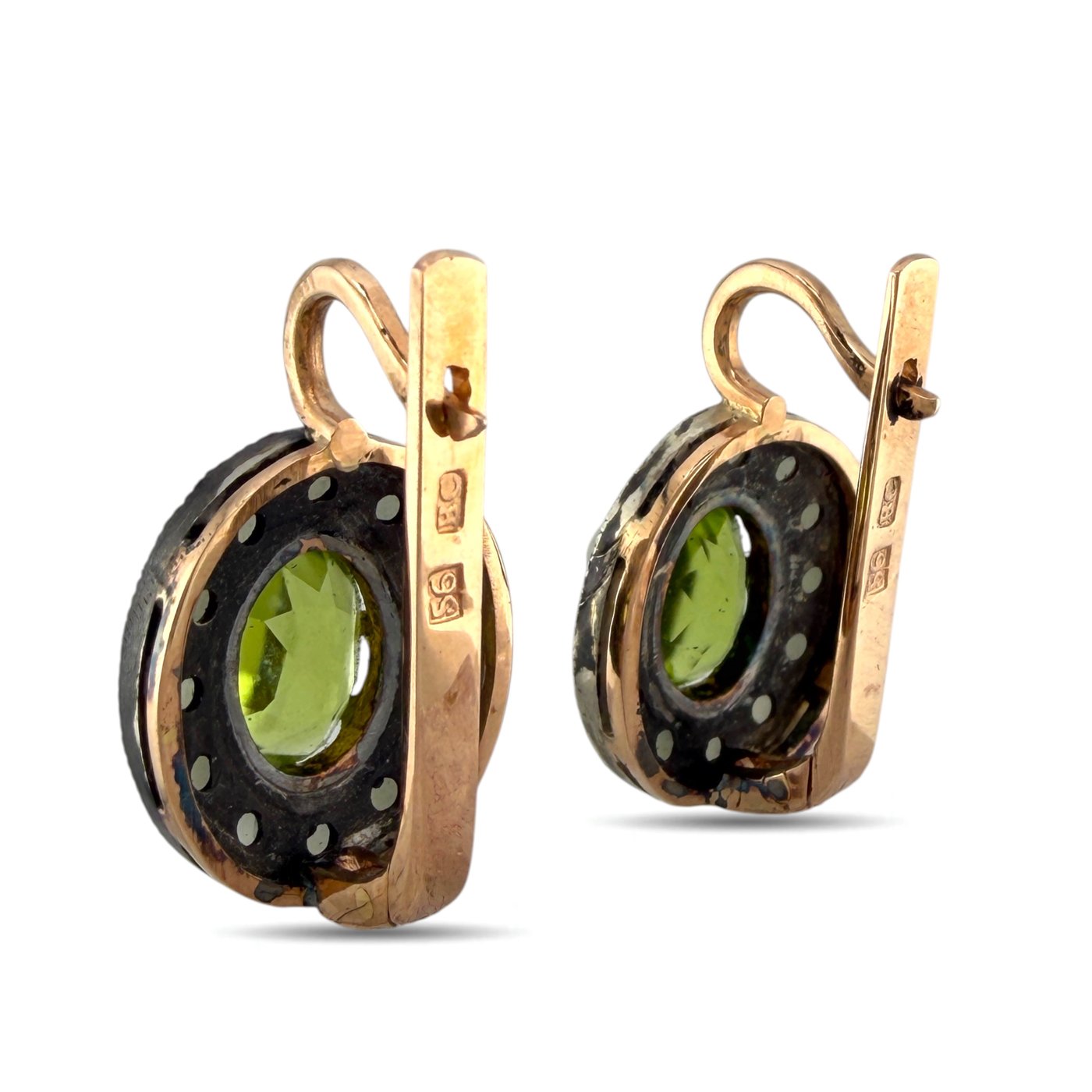 K. Faberge Imperial Russian 14K (56K) Rose Gold 2.40ct Peridot and Pearl Earrings