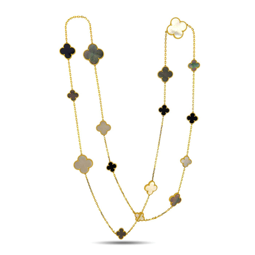 Long gold necklace with clover motifs in mother-of-pearl and onyx, 16 flower-like charms