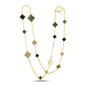 Long gold necklace with clover motifs in mother-of-pearl and onyx, 16 flower-like charms