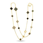 Long gold necklace with clover motifs in mother-of-pearl and onyx, 16 flower-like charms