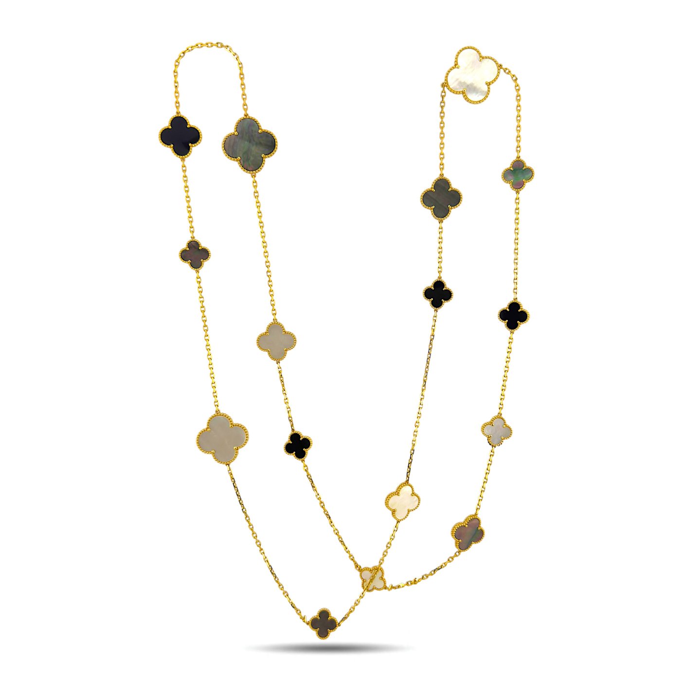 Long gold necklace with clover motifs in mother-of-pearl and onyx, 16 flower-like charms