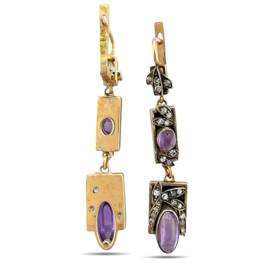 Imperial Russian 56K (14K) Yellow Gold, 1.5ct Diamond, Amethyst and Enamel Art Deco Earrings
