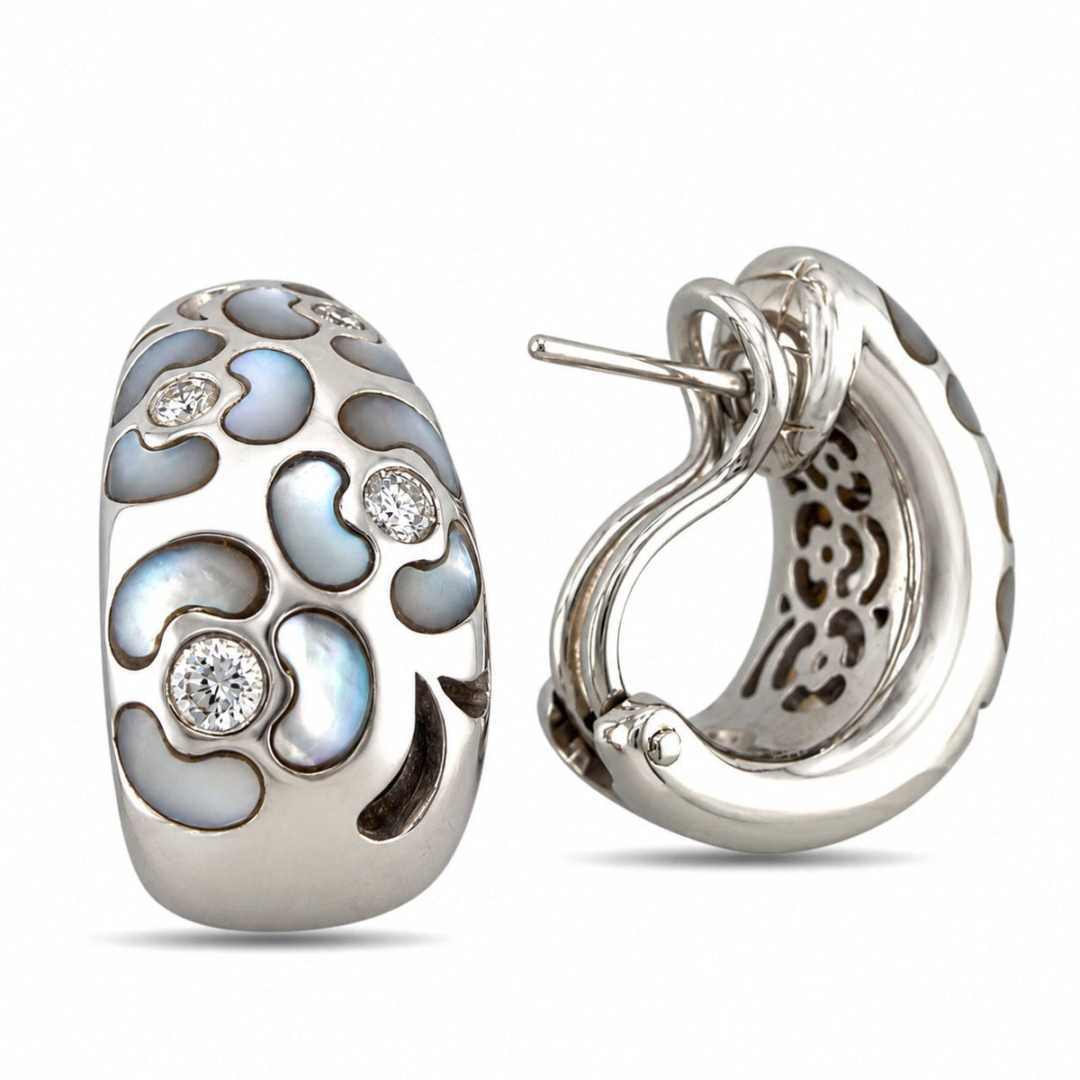 Clip-on earring pair with light blue opal inlays, diamonds, and a visible post and clasp