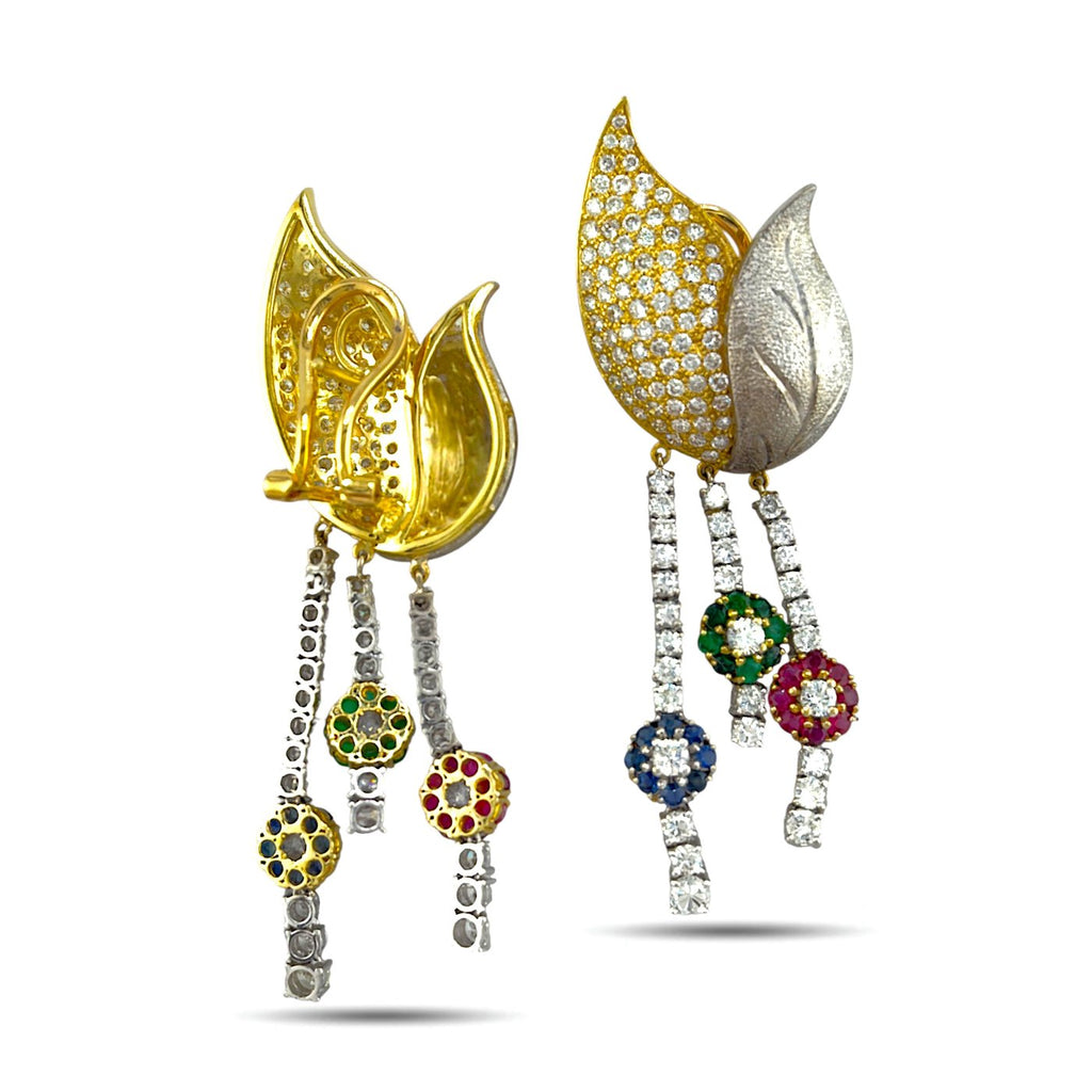 18K yellow gold floral dangle earrings with diamond, sapphire, emerald and ruby accents