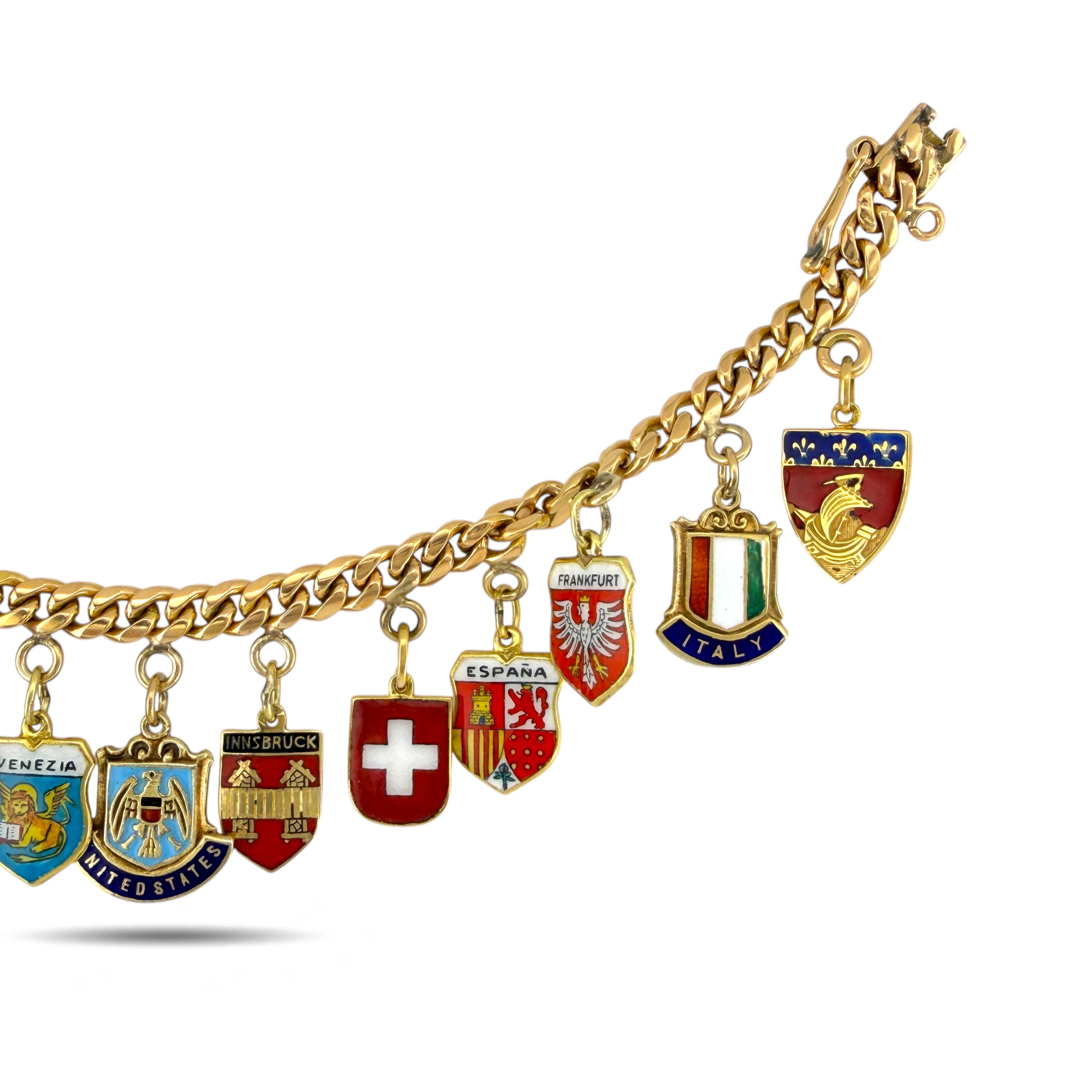 18 kt. Yellow gold, European & American Gold Travel Shield Bracelet, 18K Charm Bracelet