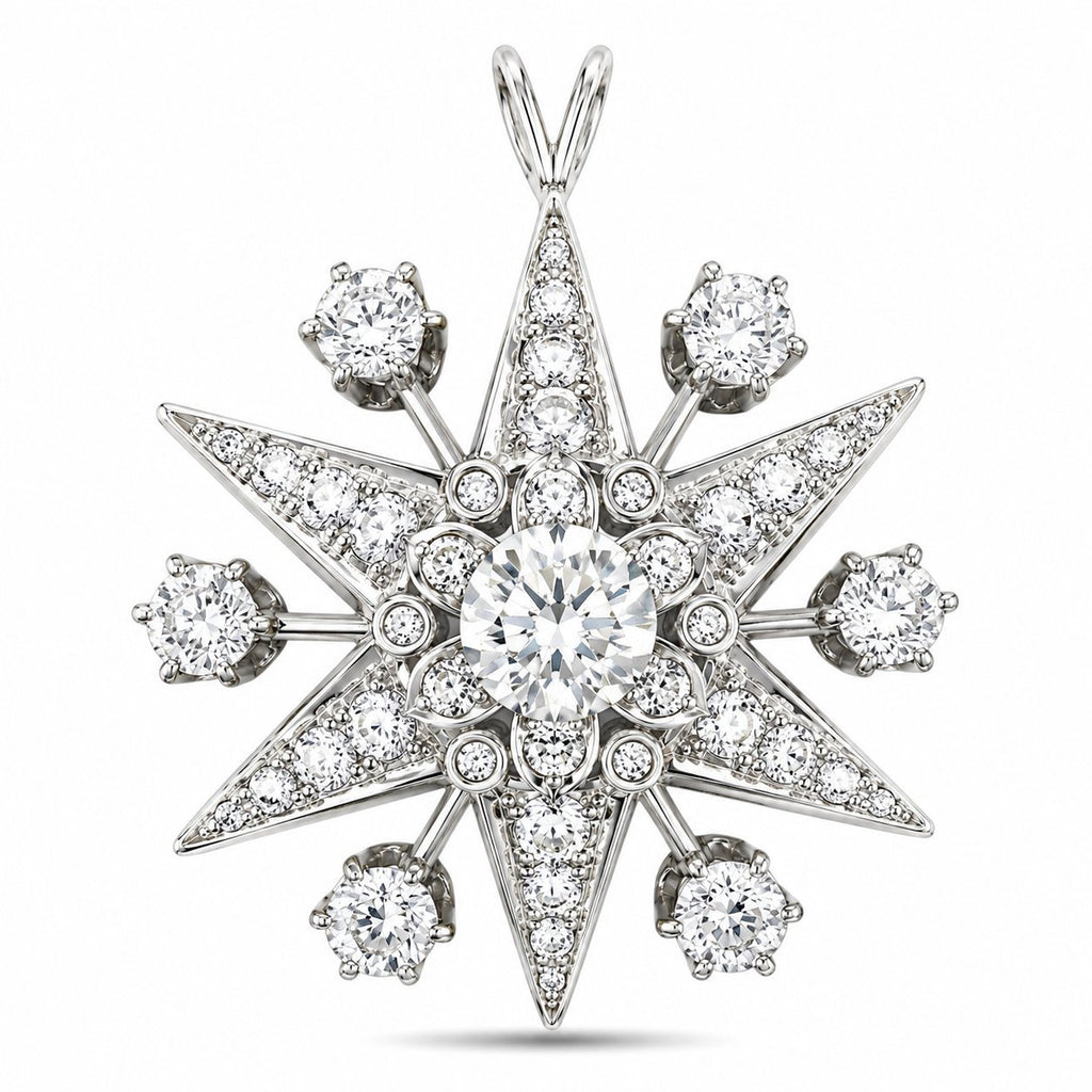 Star diamond pendant in 18K white gold with round brilliant center and halo details