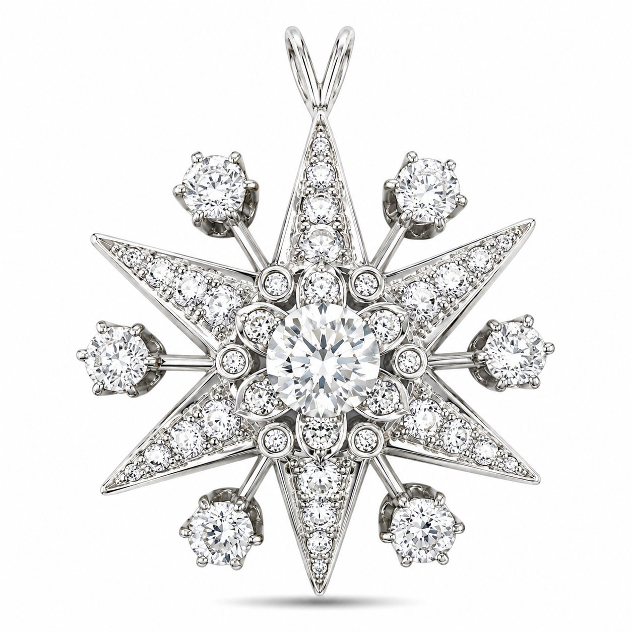 Star diamond pendant in 18K white gold with round brilliant center and halo details