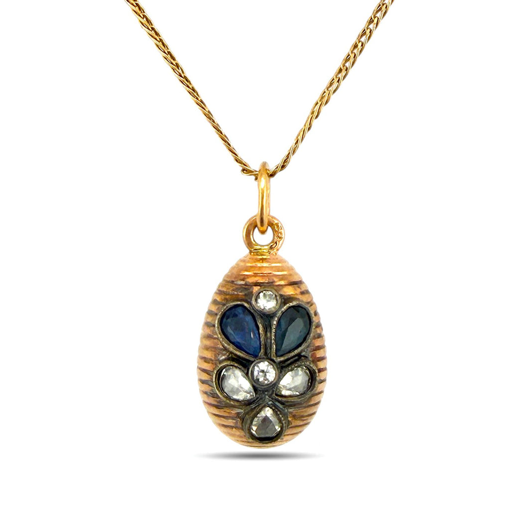 Imperial Russian Faberge 14K Rose Gold Sapphire and Diamond Egg Pendant by Michael Perkhin Diamond