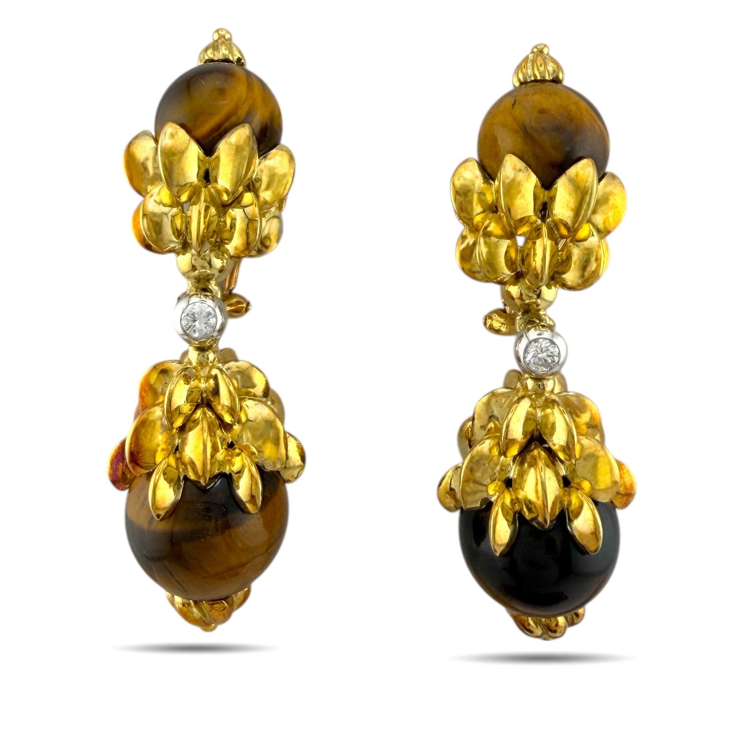 14K Yellow Gold Carved Wood and 0.28ct Diamond Earrings