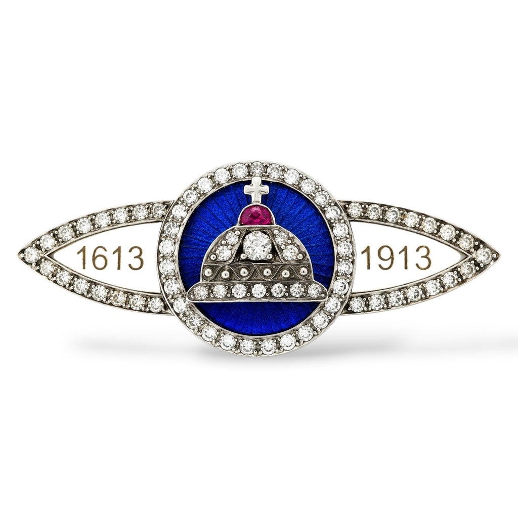 K. Faberge Imperial Russian 56 Rose Gold Romanov 300 Year Anniversary 1.70ct Diamond and Ruby Brooch
