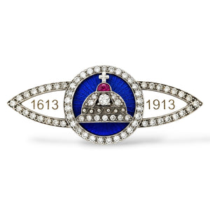 K. Faberge Imperial Russian 56 Rose Gold Romanov 300 Year Anniversary 1.70ct Diamond and Ruby Brooch