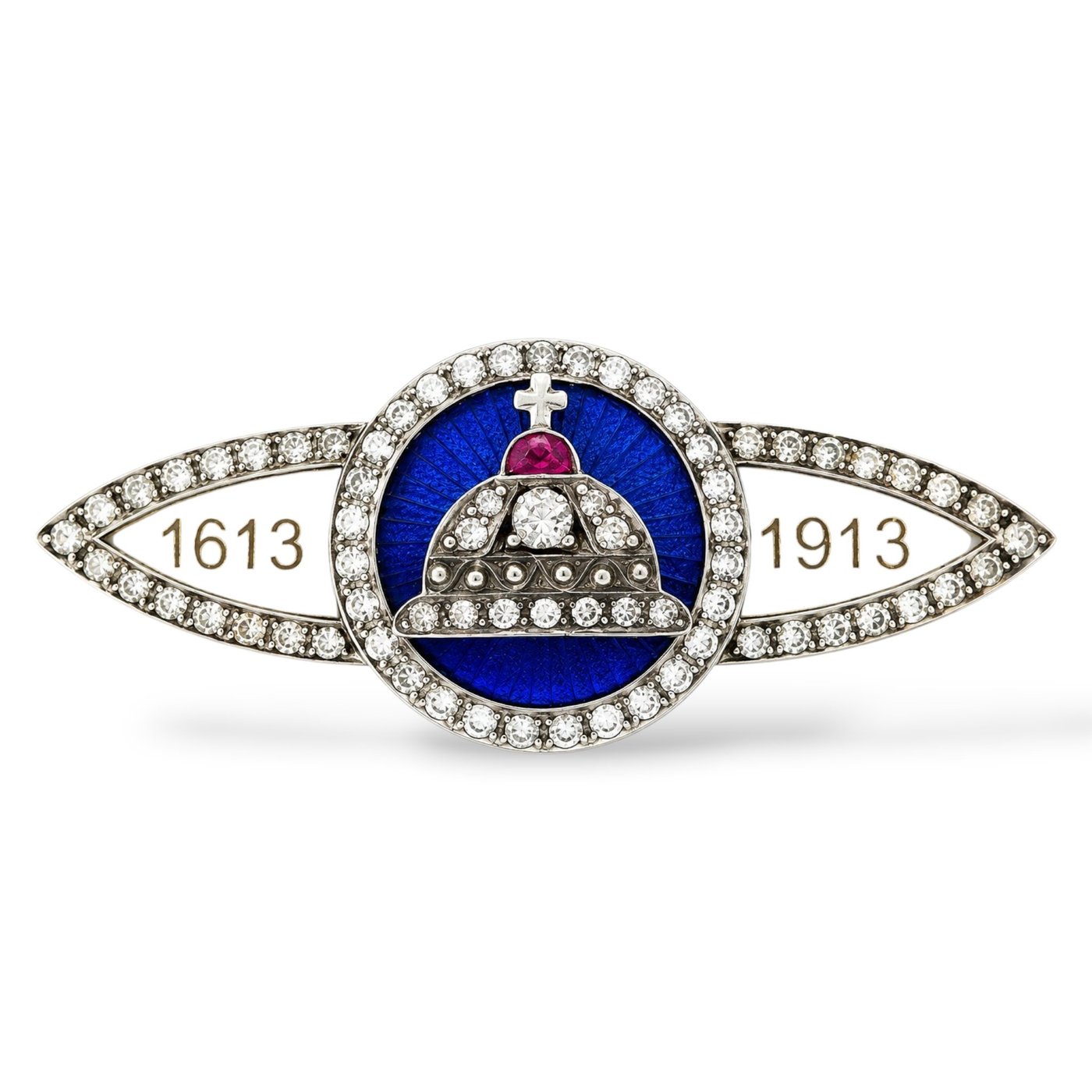 K. Faberge Imperial Russian 56 Rose Gold Romanov 300 Year Anniversary 1.70ct Diamond and Ruby Brooch