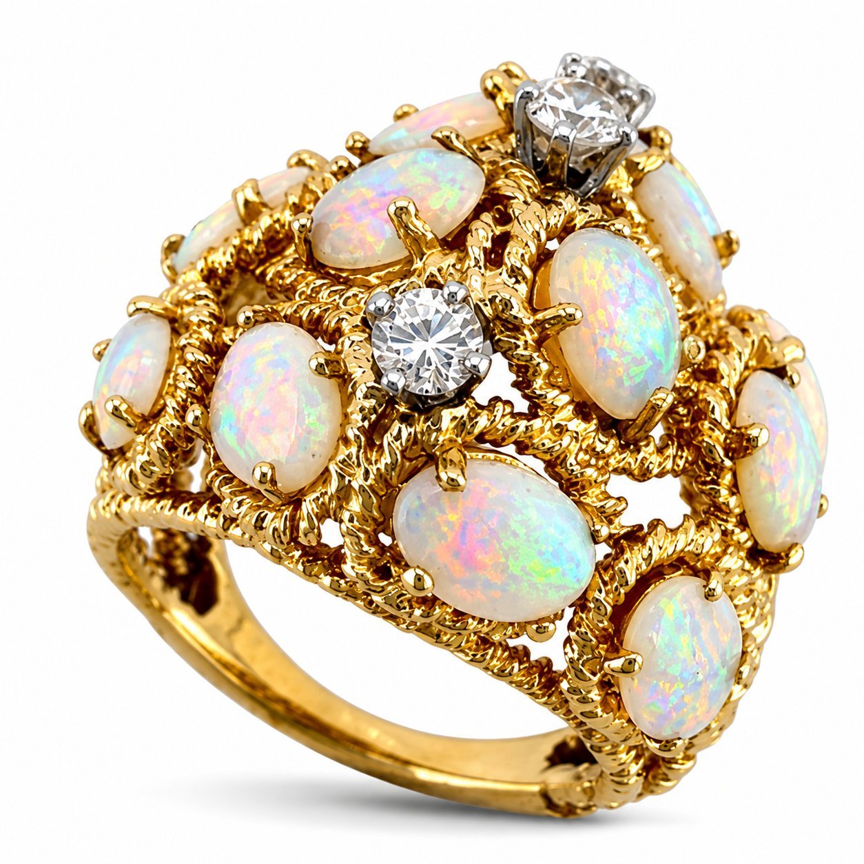 14K Yellow Gold Textured 2.10ct Opal and 0.30ct Diamond Ring