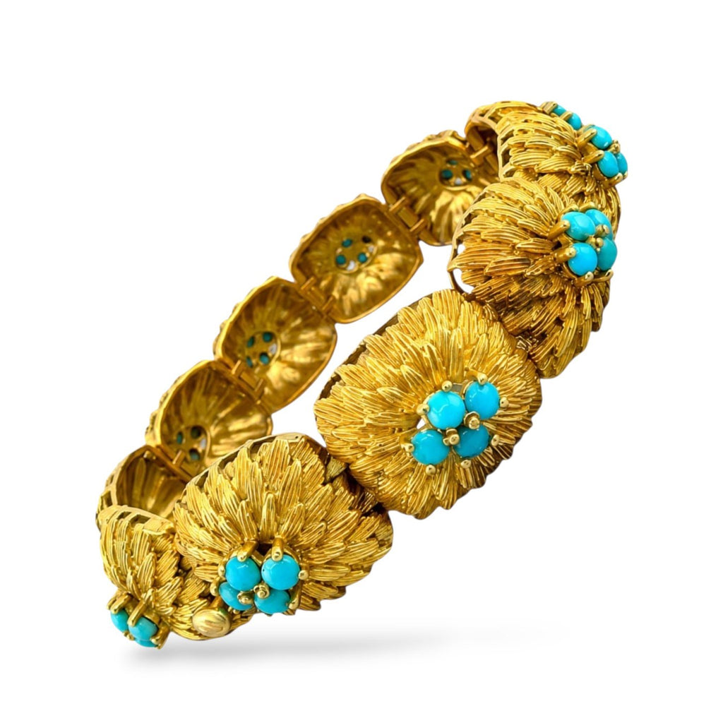 18K yellow gold turquoise bead bracelet, angled view of textured links with turquoise flowers