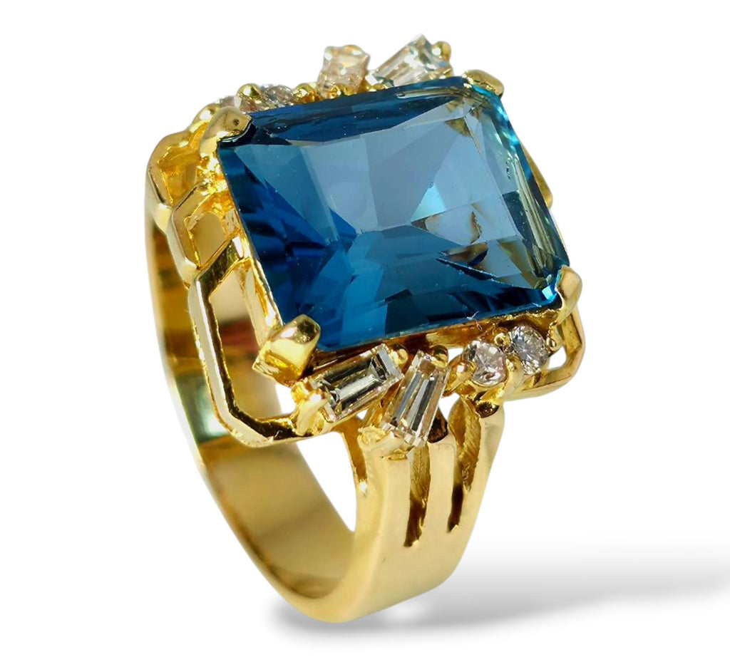 14K Yellow Gold Emerald Cut Blue Topaz with 0.44ct Halo Diamond Cocktail Ring
