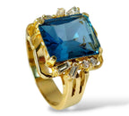 14K Yellow Gold Emerald Cut Blue Topaz with 0.44ct Halo Diamond Cocktail Ring