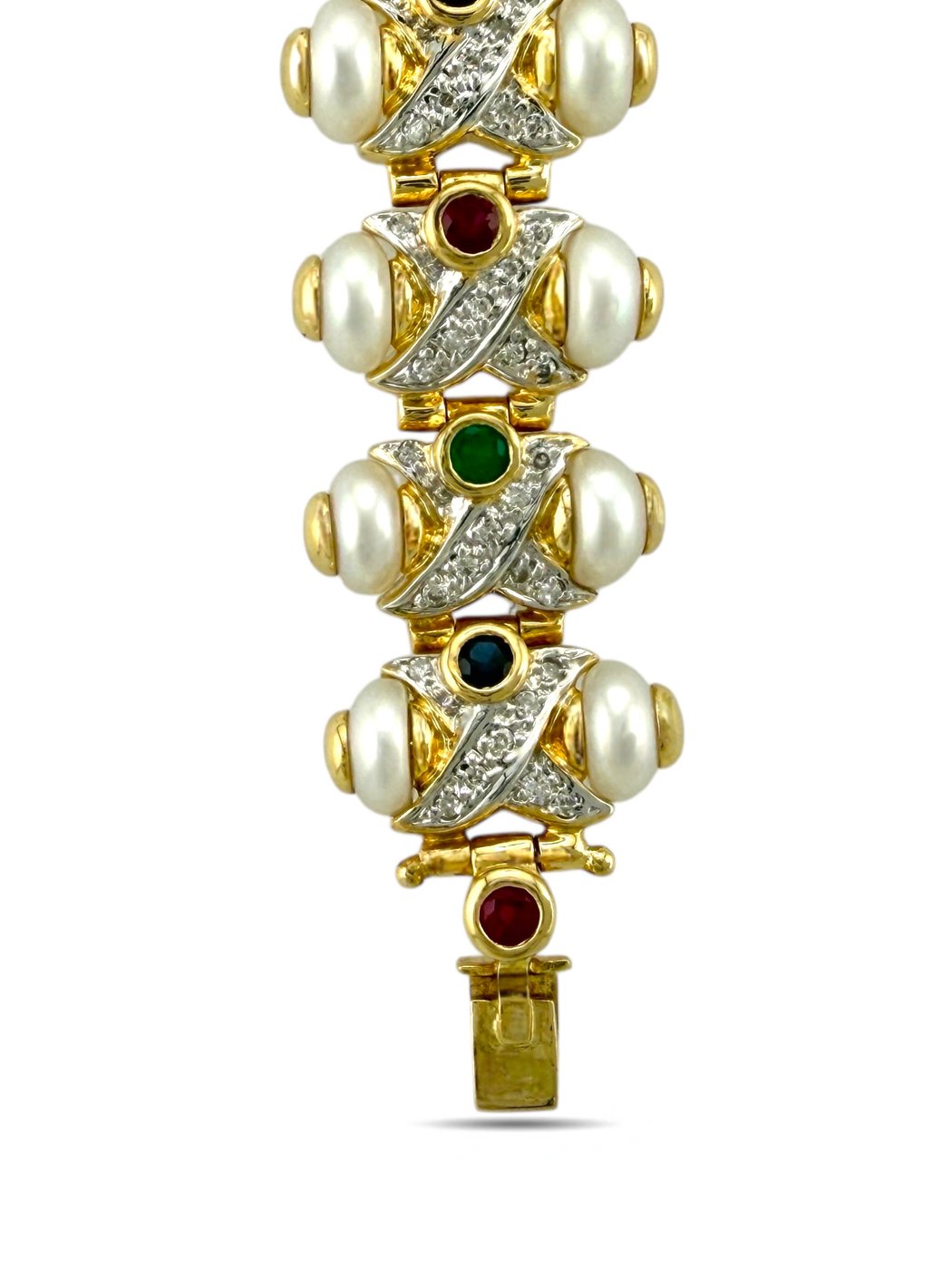14K Yellow Gold Sapphire, Ruby, Emerald, Pearl and 1.03ct Diamond Bracelet