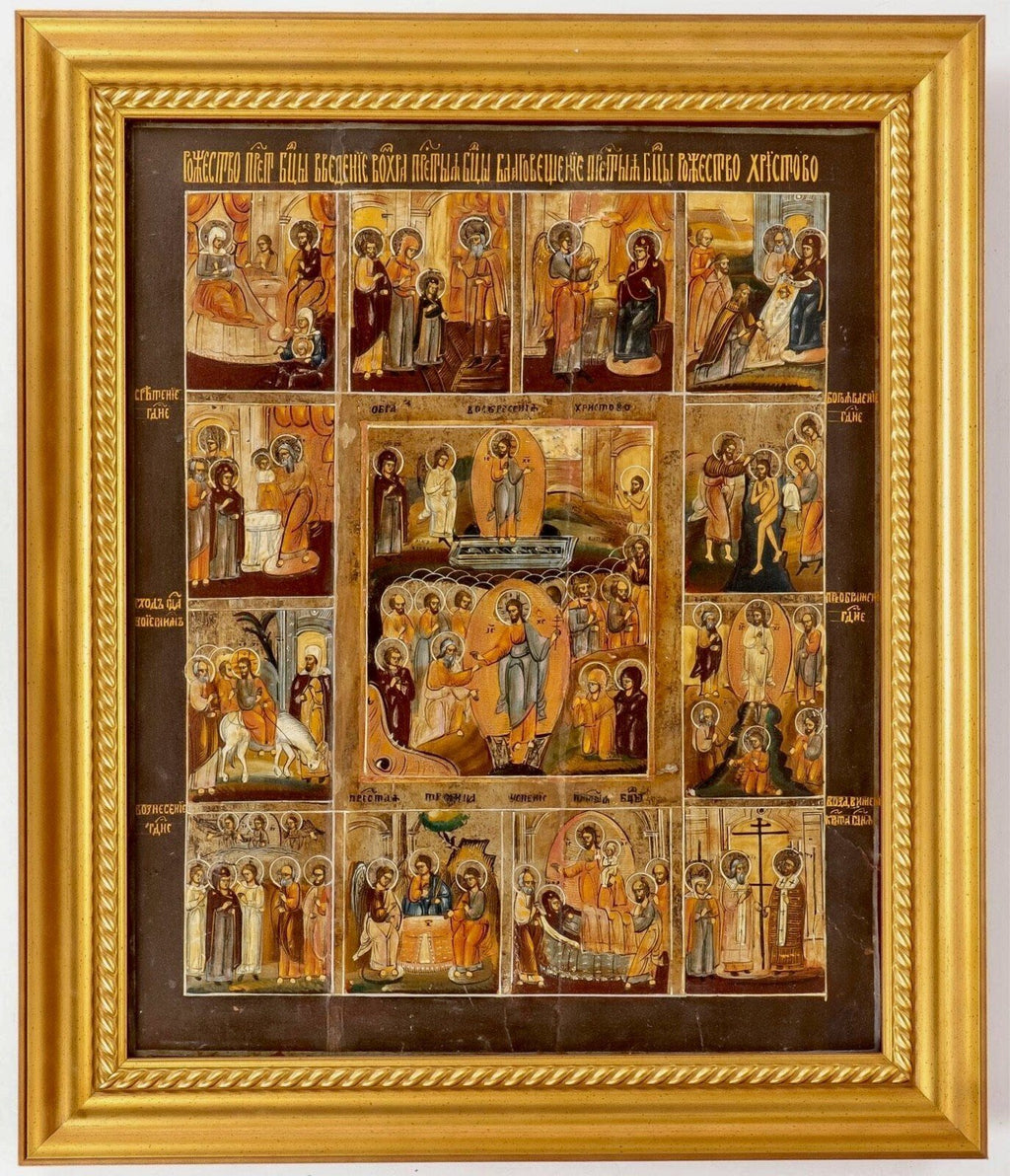 Gold-framed icon panel with many small painted panels of saints and feast scenes