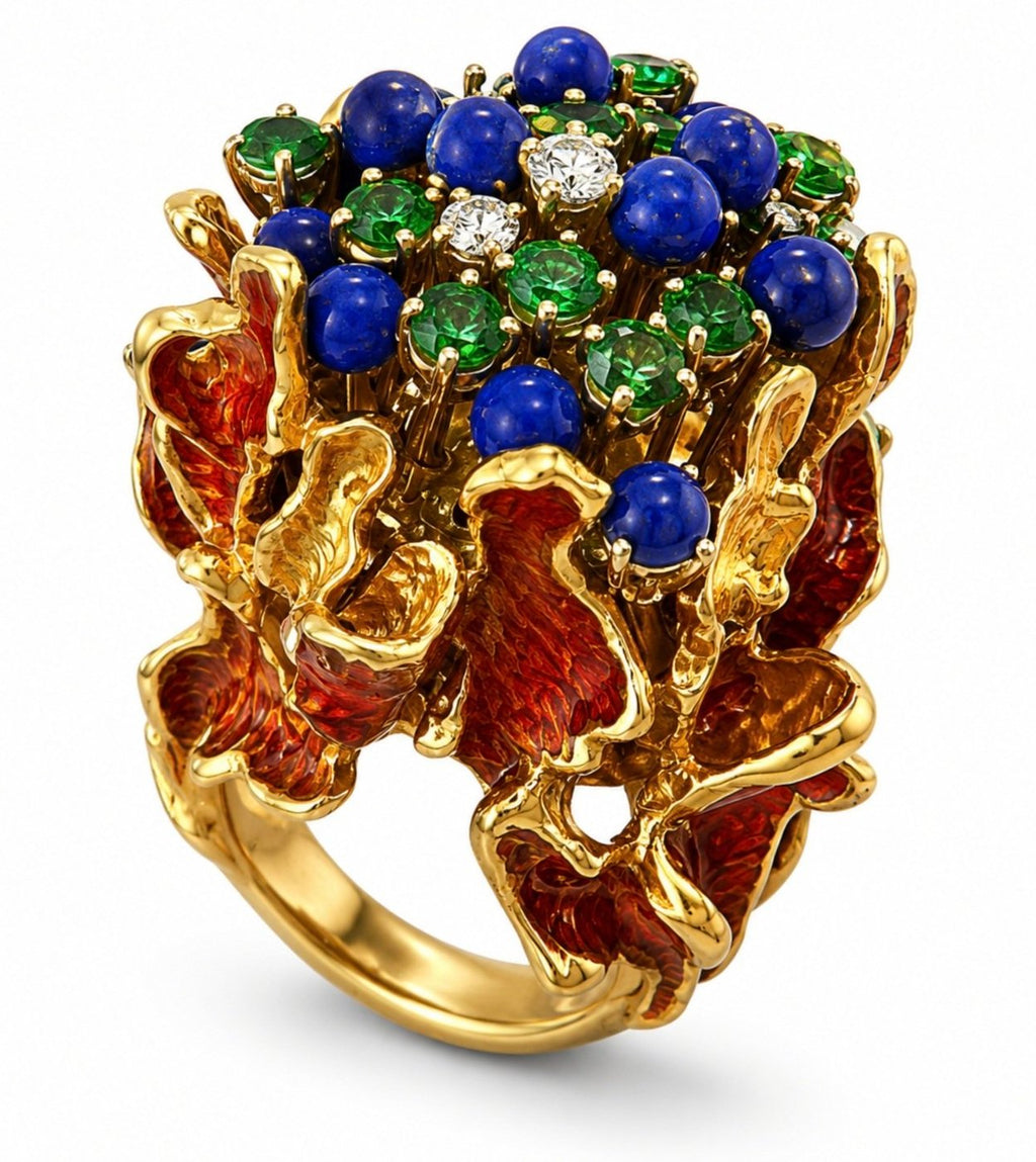 18K Yellow Gold Diamond Emerald Sapphire and Red Enamel Statement Ring