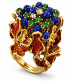 18K Yellow Gold Diamond Emerald Sapphire and Red Enamel Statement Ring