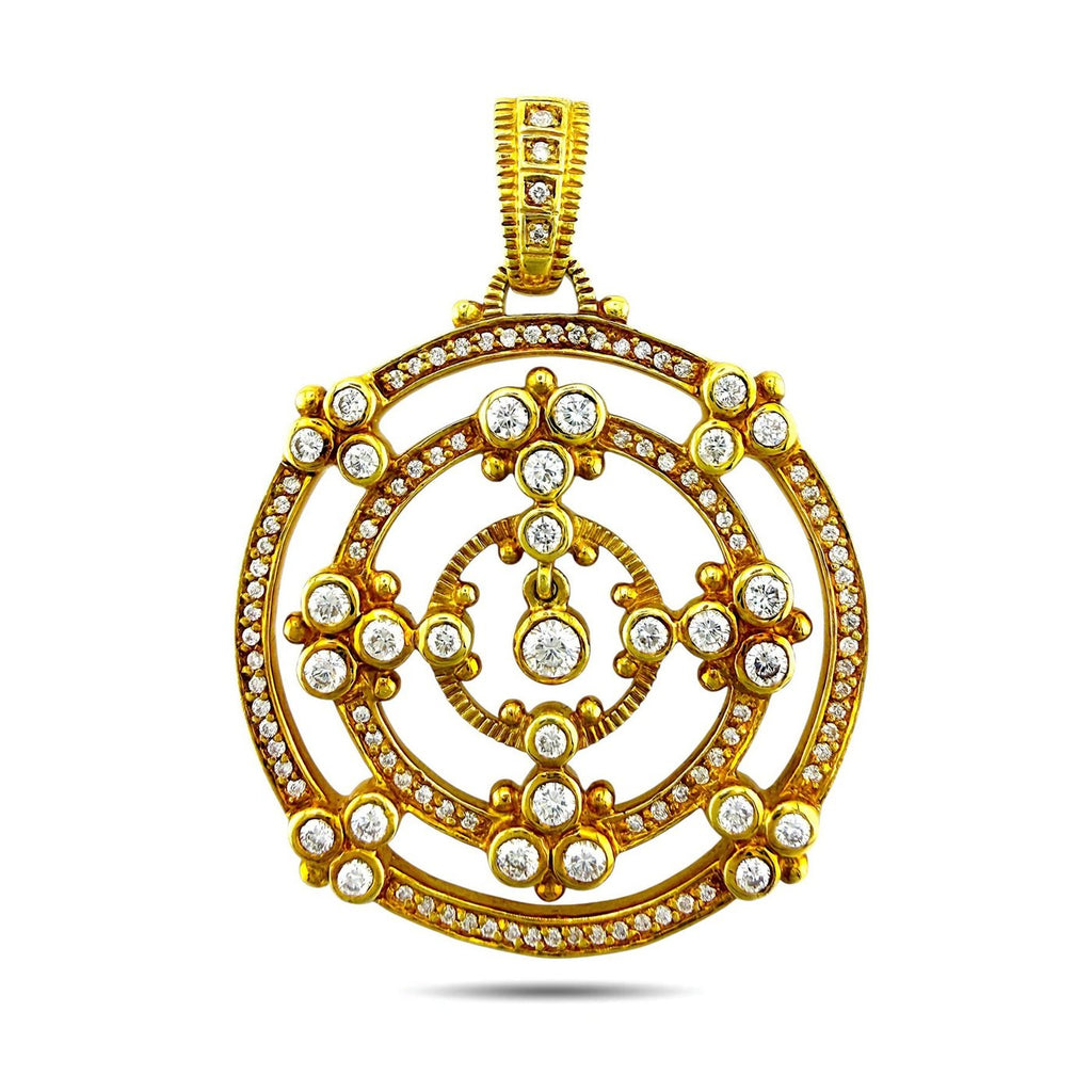 18K yellow gold circular brooch with round diamonds and ornate lattice design