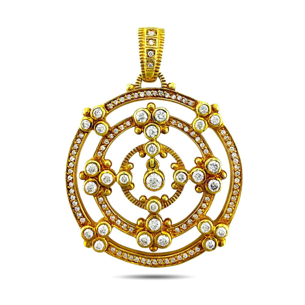 18K yellow gold circular brooch with round diamonds and ornate lattice design