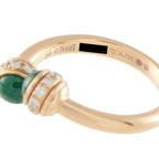 View of 18K yellow gold ring band with hallmarks and chrysoprase setting