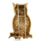 French 14K Yellow Gold 10.00ct Diamond and 0.30ct Emerald Owl Brooch