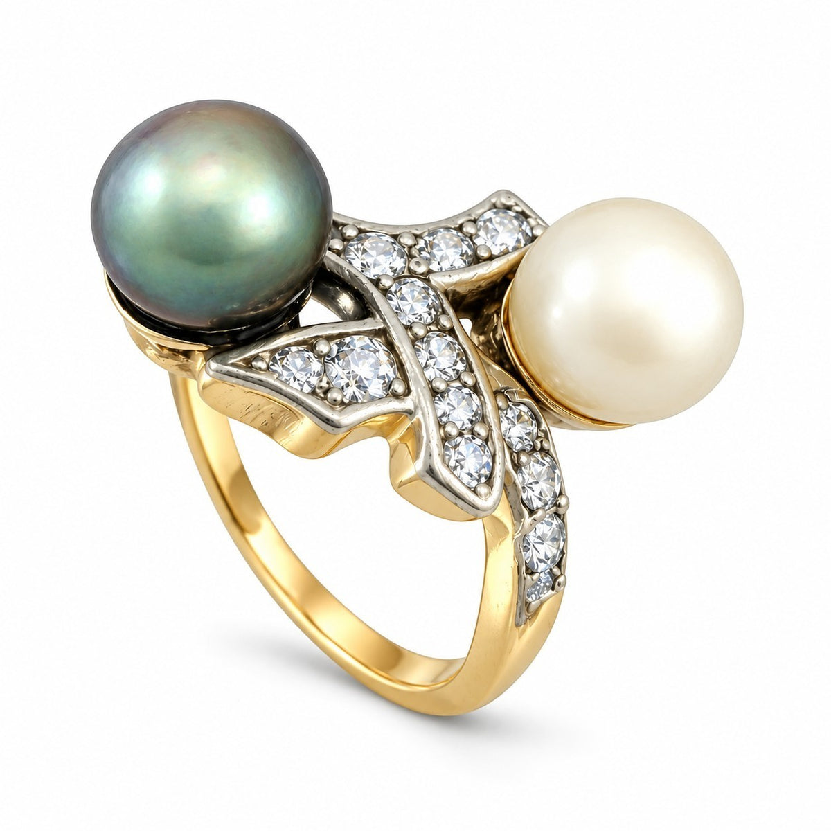 Gold ring with iridescent green pearl, white pearl, and diamond accents
