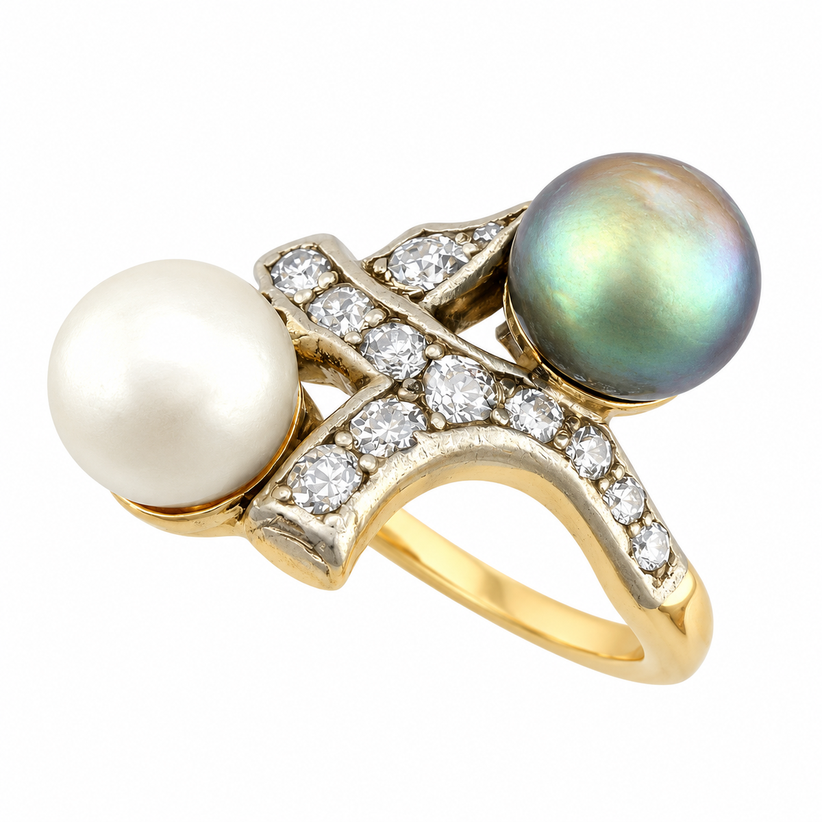 Ornate gold ring with iridescent green and white pearls and round diamond prongs