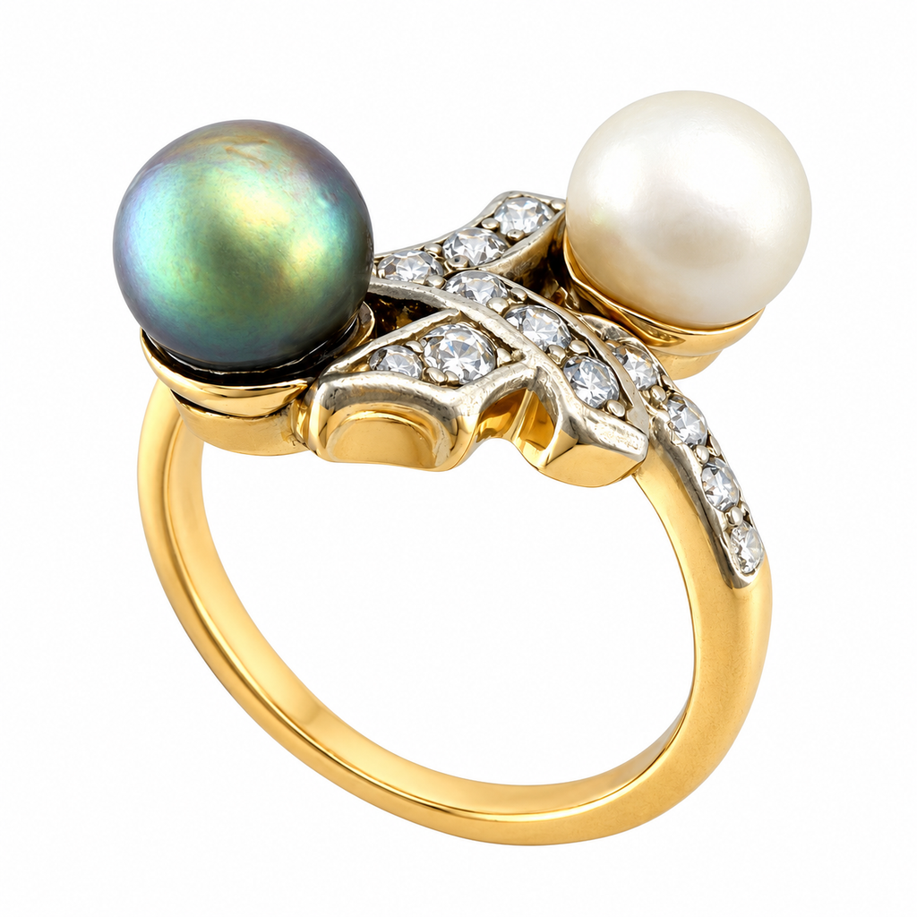 Rose gold ring with two pearls and diamond accents in arched setting