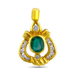 18k yellow gold pendant with oval green emerald cabochon and diamond halo detail